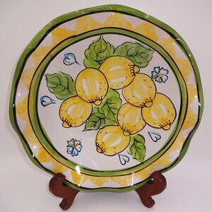 Vintage World Bazars Inc Pottery Bowl Lemons Flowers Hearts Yellow Green 12-1/2"